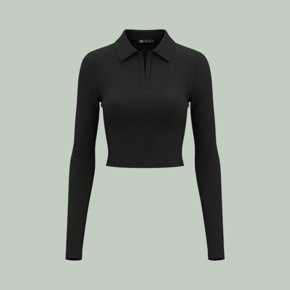 90S y2k Grunge Goth Ribbed Long Sleeve V-Neck Crop Top Womens Large Black Zara